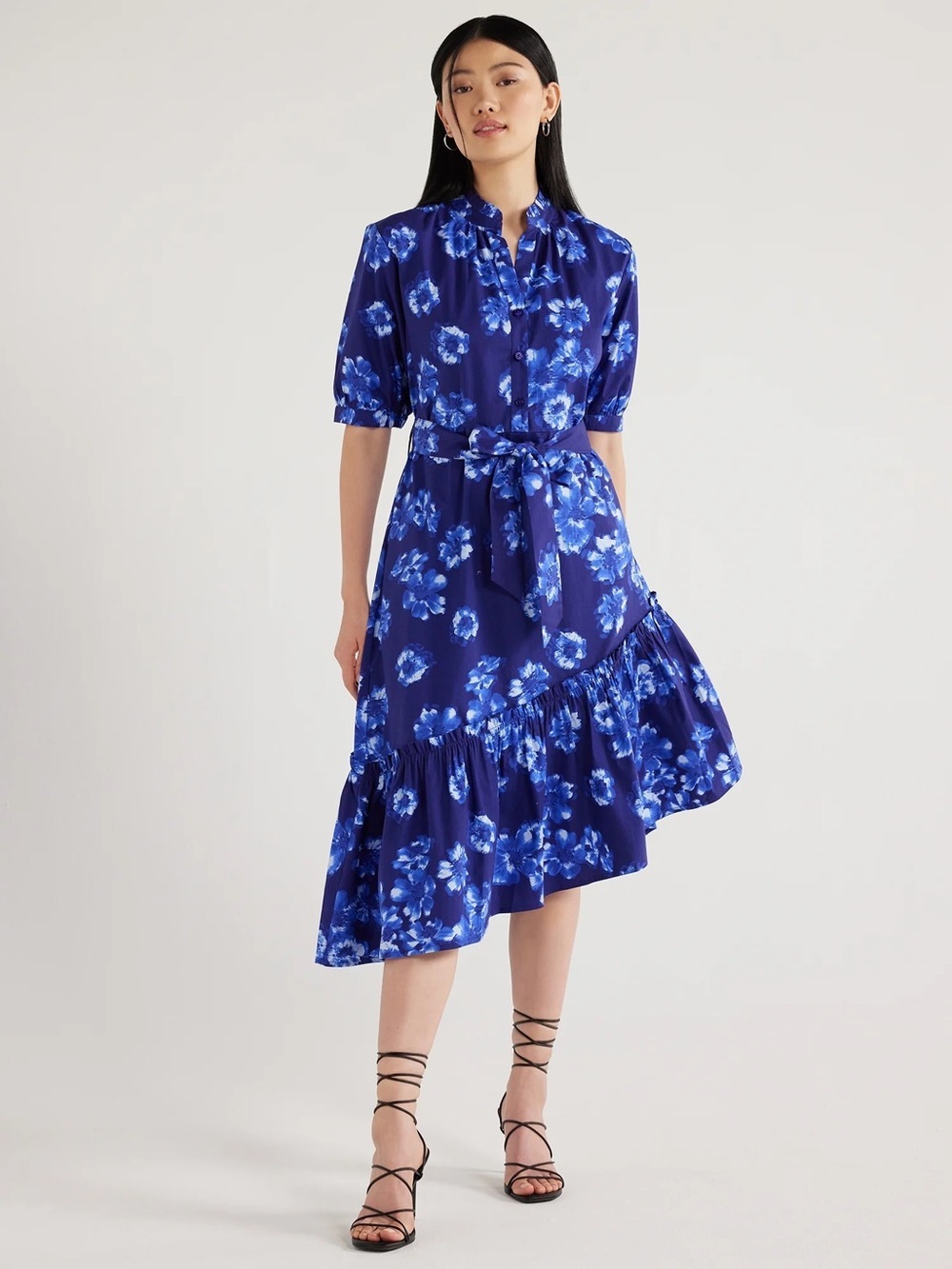 Scoop Blue Asymmetrical Ruffle Midi Dress Medium NWT Cottagecore Boho High Low